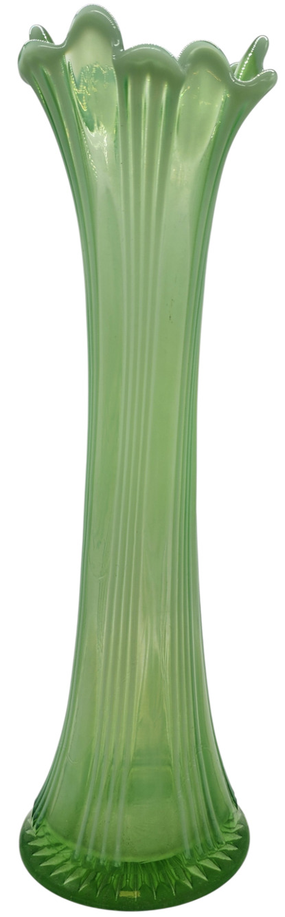 Gorgeous Northwood Green Opalescent Thin Tick Rib Green Swung Vase 12"